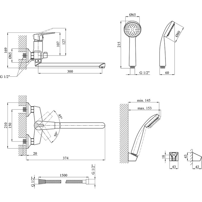 Змішувач для ванни Kroner KRP Odra C070 (з лійкою та шлангом), фото , изображение 9