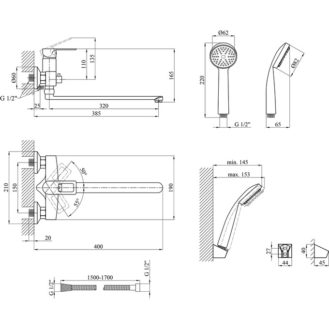 Змішувач для ванни Kroner KRP Zenda W070 (білий матовий, з лійкою та шлангом), фото , изображение 9