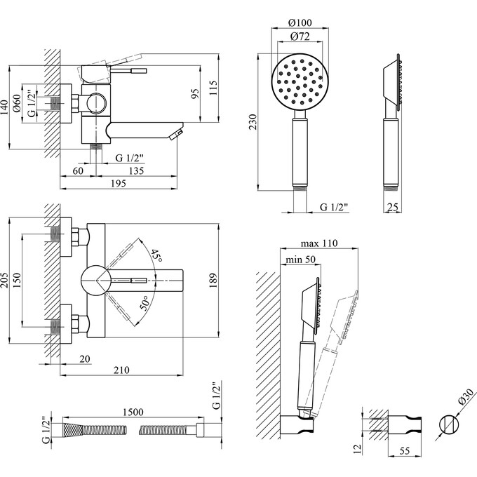 Смеситель для ванны Kroner KRP Edelstahl Klassisch ESG060 (нержавейка, с лейкой и шлангом), фото 10