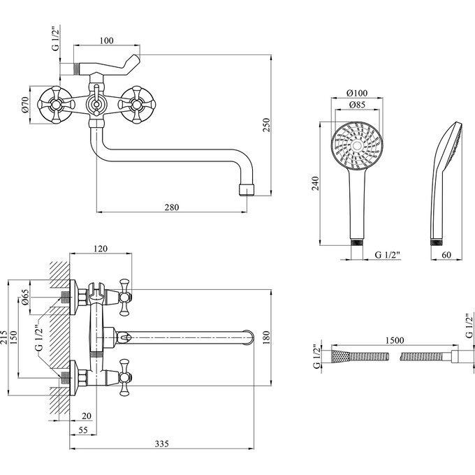 Смеситель для ванны Kroner KRP Rhein C073 (с лейкой и шлангом), фото 6