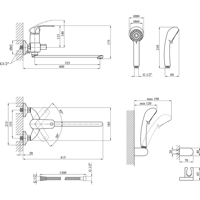 Змішувач для ванни Kroner KRP Konstante C070 (з лійкою та шлангом), фото , изображение 8