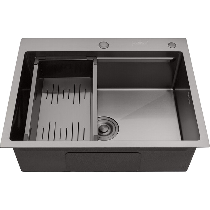 Кухонная мойка Kroner KRP Schwarze 6350HM PVD (KRPSchwarze-6350HMPVD, 63x50 см, 3.0/1.0 мм, с коландером и сифоном), Доступные размеры: 63 x 50, фото 4