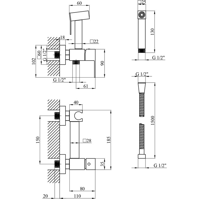 Гігієнічний душ із змішувачем Kroner KRP Edelstahl Kubus ESG052 (нержавіюча сталь), Колір виробника: нержавіюча сталь, фото , изображение 7