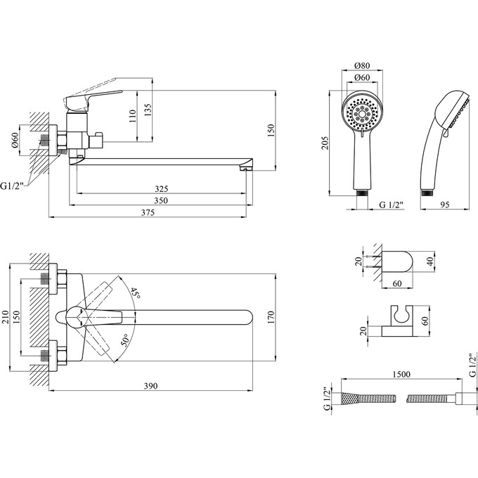 Змішувач для ванни Kroner KRP Hagen C070 (з лійкою та шлангом), фото , изображение 8