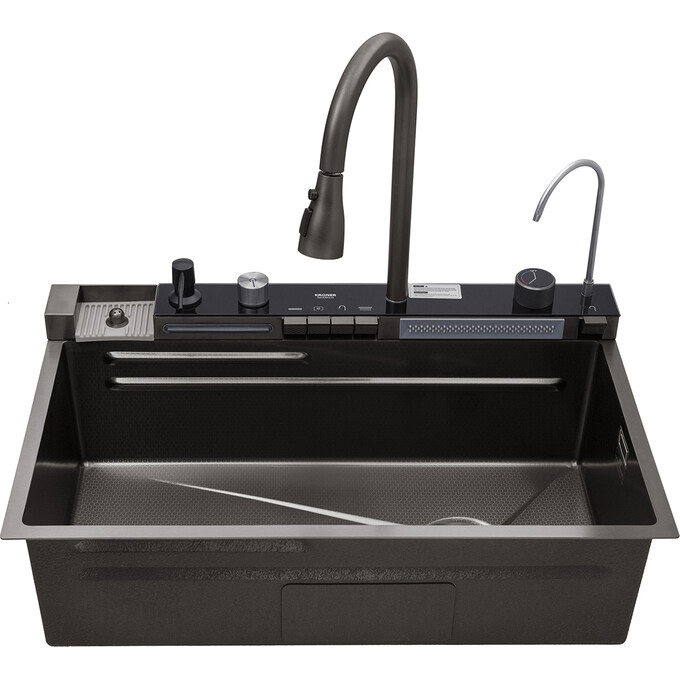 Кухонная мойка со смесителем Kroner KRP Schwarze SET7546ARTHM PVD (SchwarzeSET7546ARTHM, 75x46 см, 3.0/0.8 мм, с доской, коландером, дозатором, омывателем стаканов и сифоном), фото 6