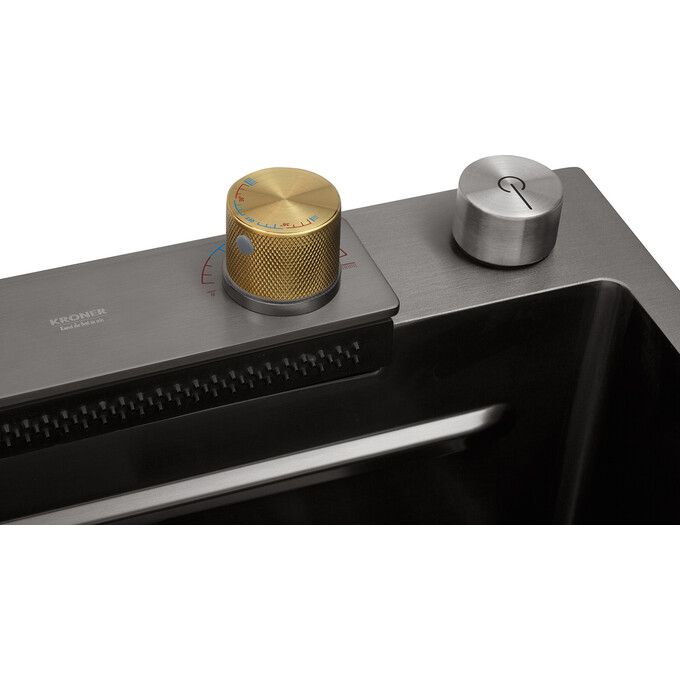 Кухонная мойка со смесителем Kroner KRP Schwarze SET7545HM PVD (SchwarzeSET7545HM, 75x45 см, 3.0/0.8 мм, с доской, коландером, дозатором и сифоном), фото 8