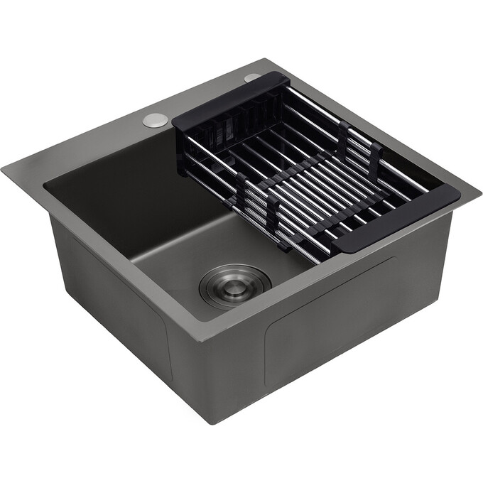 Кухонная мойка Kroner KRP Schwarze 4545HM PVD (Schwarze-4545HM, 45x45 см, 3.0/1.0 мм, с коландером и сифоном), Доступные размеры: 45 x 45, фото 2