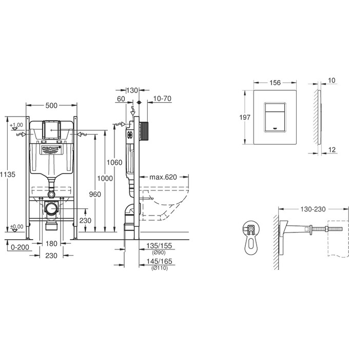 Инсталляция для унитаза 3 в 1 Grohe Rapid SL 388400WG1 (38840000+3855800M+38732000, c клавишей и креплением к стене), фото 6