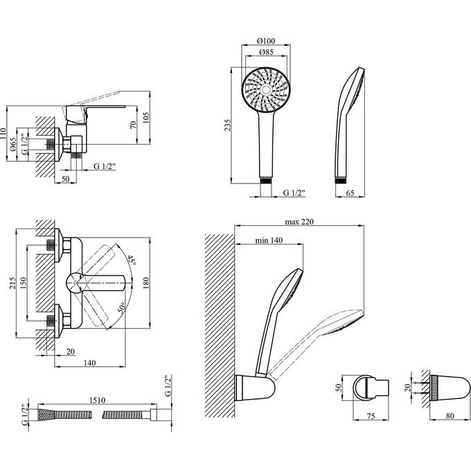 Смеситель для душа Kroner KRP Bremen C050 (с лейкой и шлангом), фото 6