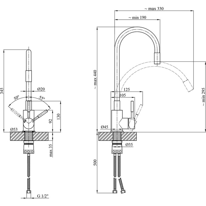 Смеситель для кухни Kroner KRP Edelstahl Klassisch ESG035BLK (нержавейка/черный, c гибким изливом), Цвет производителя: нержавейка, черный, фото 8