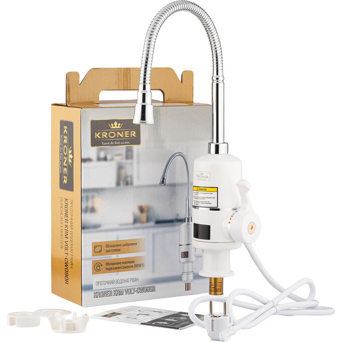 Проточный водонагреватель для кухни Kroner KRM Volt CW090R (белый/хром, с дисплеем, с гибким изливом и электронагревом 3 кВт), фото 6