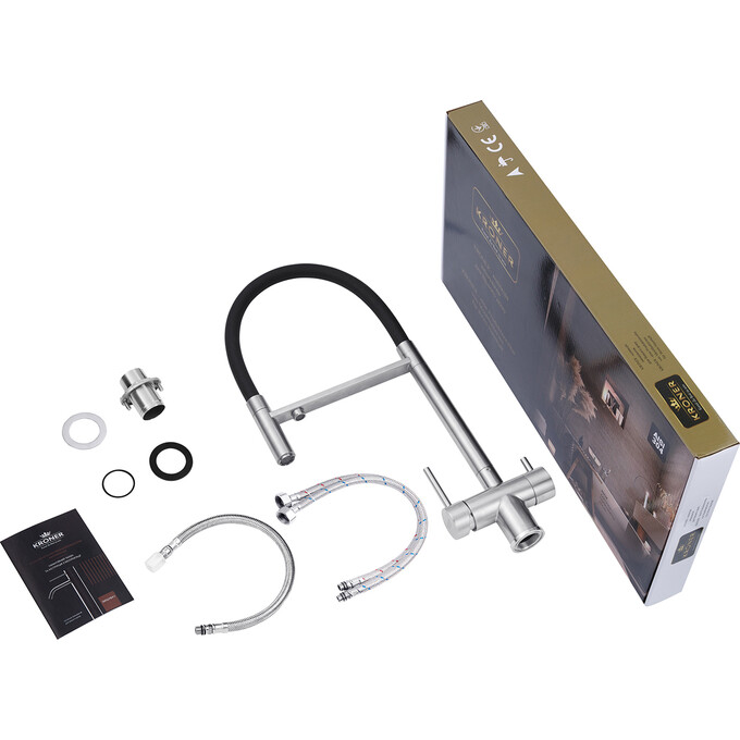 Смеситель для кухни Kroner KRP Edelstahl Klassisch ESG03815BLK (нержавейка/черный, c гибким изливом и подключением питьевой воды), Цвет производителя: нержавейка, черный, фото 10