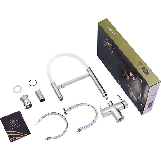 Смеситель для кухни Kroner KRP Edelstahl Klassisch ESG03815WHI (нержавейка/белый, c подключением питьевой воды), Цвет производителя: нержавейка, белый, фото 9