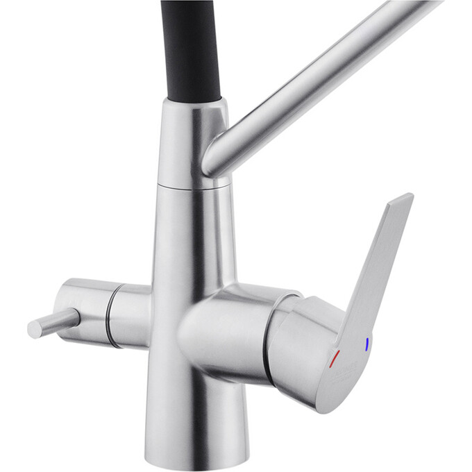 Смеситель для кухни Kroner KRP Edelstahl Klassisch ESG03817BLK (нержавейка/черный, c гибким изливом и подключением питьевой воды), Цвет производителя: нержавейка, черный, фото 6