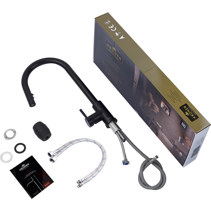 Смеситель для кухни Kroner KRP Edelstahl Klassisch SCH03915 (Klassisch-SCH03916, черный матовый, c выдвижной лейкой), Цвет производителя: черный матовый, фото 9