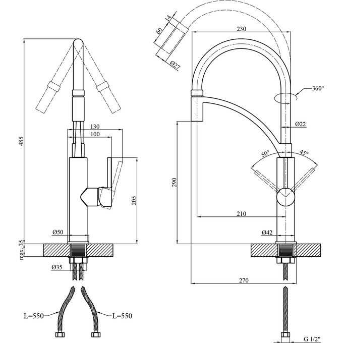 Смеситель для кухни Kroner KRP Ersel C03900BLK (хром/черный, с гибким изливом), фото 9