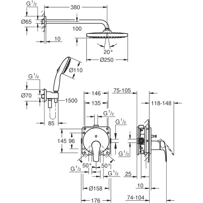 Душева система Grohe Eurosmart Tempesta 250 25288000 (прихованого монтажу), фото , изображение 4