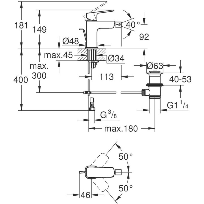 Смеситель для биде Grohe Cubeo S-Size 1018102430 (черный матовый, с донным клапаном), Цвет производителя: черный матовый, фото 5