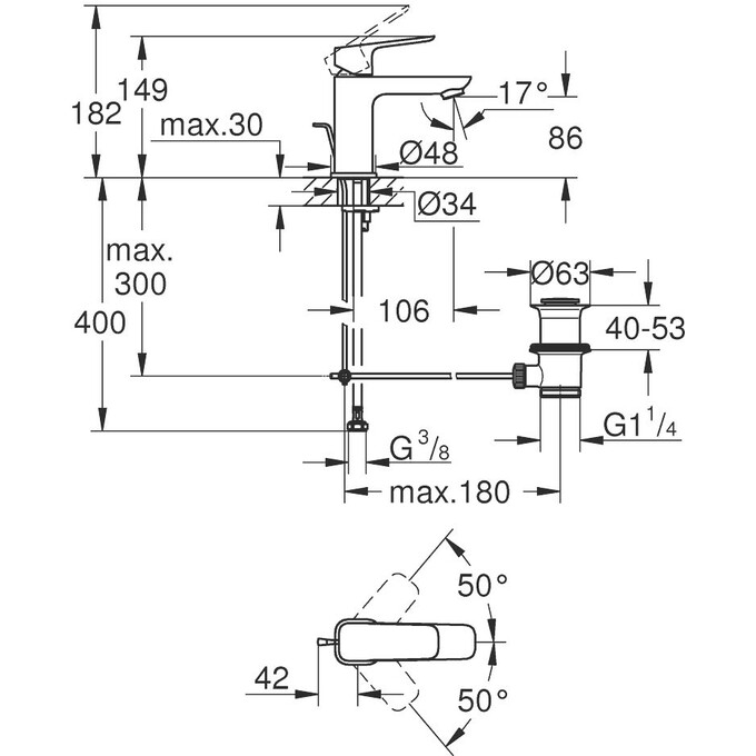 Змішувач для умивальника Grohe Cubeo S-Size 1016942430 (чорний матовий, з донним клапаном), Колір виробника: чорний матовий, фото , изображение 8