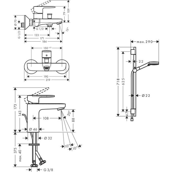 Комплект смесителей для ванной комнаты Hansgrohe Vernis Blend Black Matt 71551222 (71551670+71440670+26423670, черный матовый), фото 6