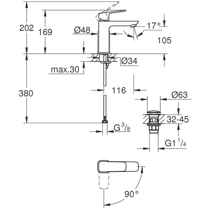 Змішувач для умивальника Grohe Cubeo ColdStart M-Size 1017572430 (чорний матовий, з донним клапаном), Колір виробника: чорний матовий, фото , изображение 5