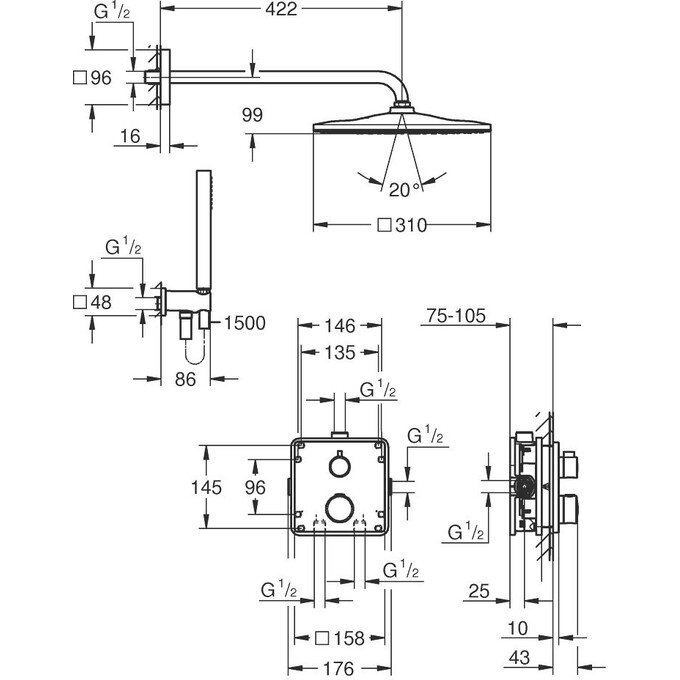 Душевая система с термостатом Grohe Grohtherm Rainshower Mono 310 Cube 34870000 (скрытого монтажа), фото 4