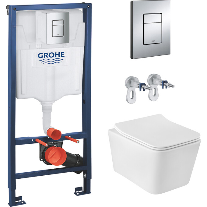 Комплект унитаз с инсталляцией 3 в 1 38772001KE523629: подвесной унитаз с сиденьем Kroner Eifel WHI523629 + инсталляция Grohe Rapid SL 38772001 + клавиша смыва Skate Cosmopolitan 38732000, фото 