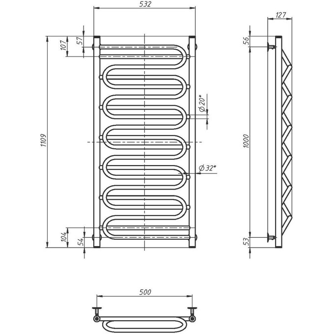Водяна рушникосушарка Navin Ілюзія 00-011020-5011 (500x1100), Доступні розміри: 500 x 1100, Колір виробника: хром, Підключення рушникосушарки: нижнє, фото , изображение 5