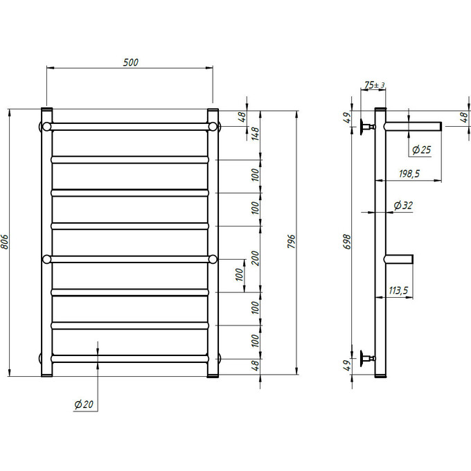 Водяной полотенцесушитель Navin Классик 00-024021-5080 (500x800, с полкой), фото 9