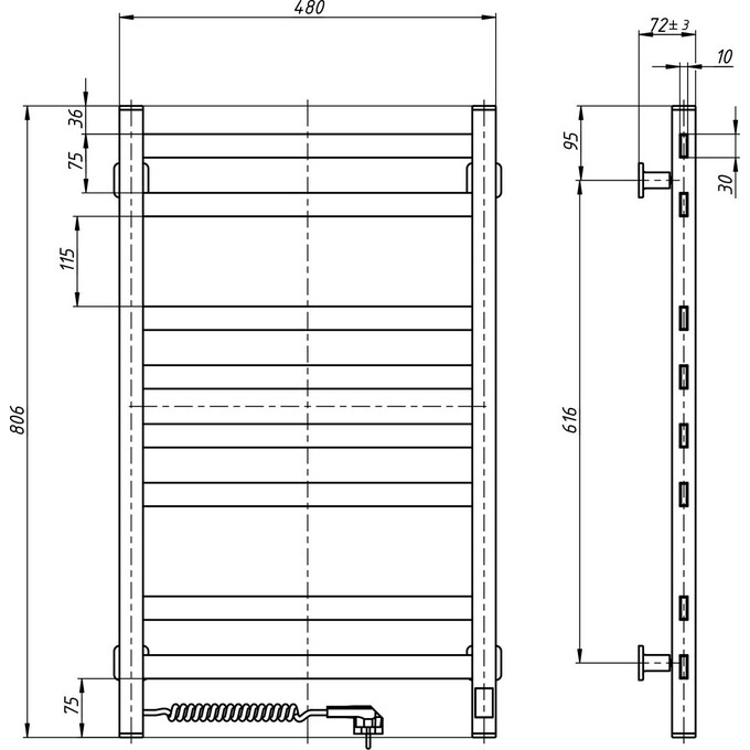 Електрична рушникосушарка Navin Авангард Sensor 10-328153-4880 (480x800, матовий сатин, ліва, сенсорна, з таймером), Доступні розміри: 480 x 800, Колір виробника: сатин, Підключення рушникосушарки: ліве, фото , изображение 6