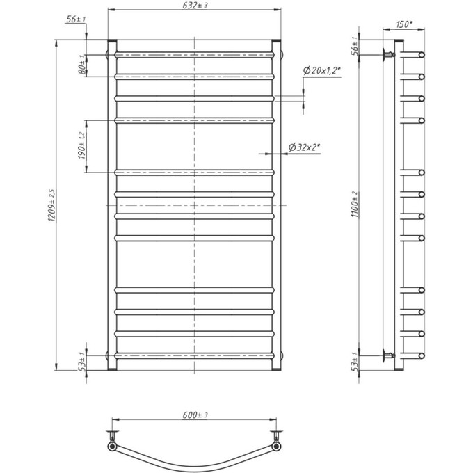 Водяной полотенцесушитель Navin Камелия 00-007020-6012 (600x1200), Доступные размеры: 600 x 1200, Цвет производителя: хром, Подключение полотенцесушителя: нижнее, фото 5