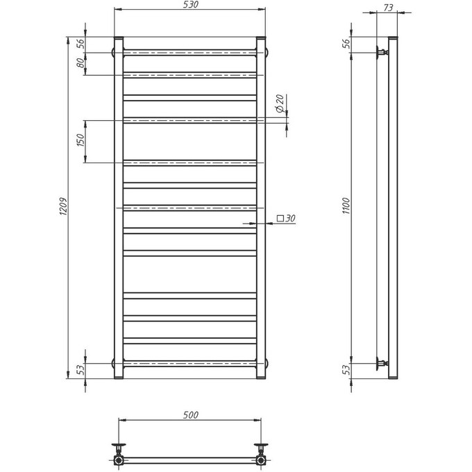 Водяна рушникосушарка Navin Класик Квадро 00-016050-5012 (500x1200), Доступні розміри: 500 x 1200, Колір виробника: хром, Підключення рушникосушарки: нижнє, фото , изображение 5