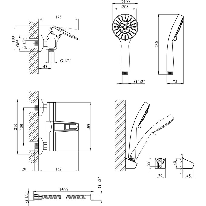 Смеситель для душа Kroner KRM Kante C050 (с лейкой и шлангом), фото 6