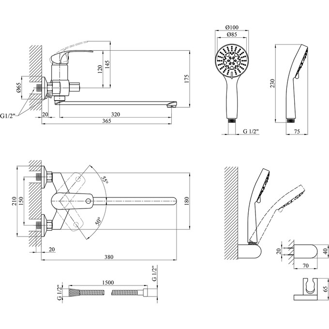 Змішувач для ванни Kroner KRP Konstante C071 (з лійкою та шлангом), фото , изображение 8