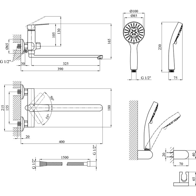 Змішувач для ванни Kroner KRP Brocken C070 (з лійкою та шлангом), фото , изображение 8