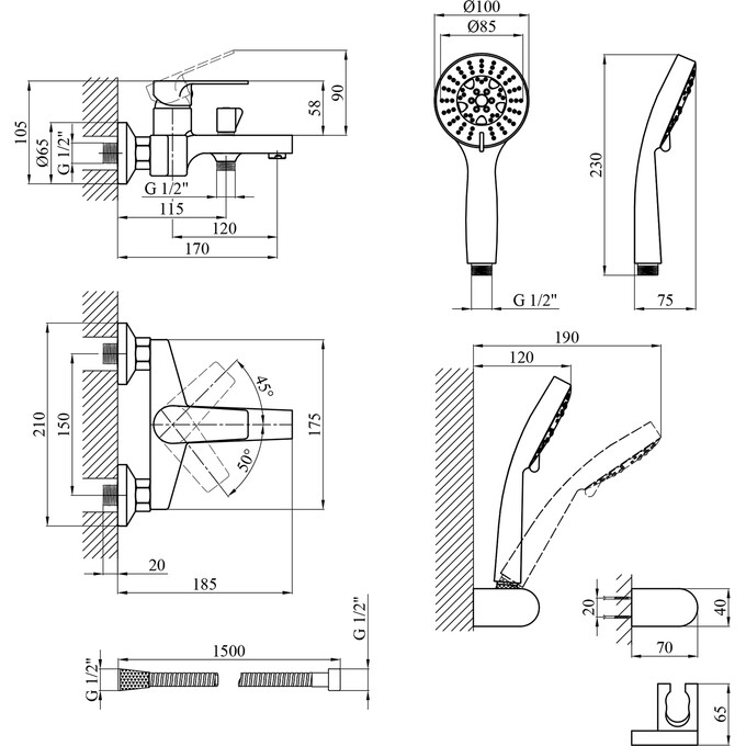 Змішувач для ванни Kroner KRP Eifel C060 (з лійкою та шлангом), фото , изображение 11