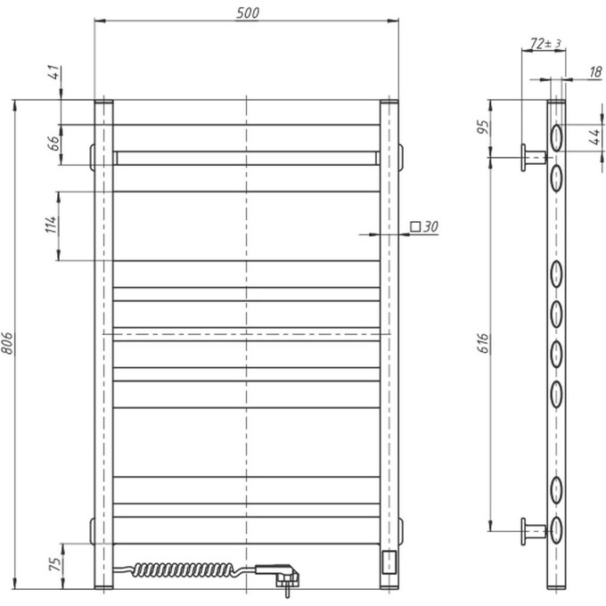 Электрический полотенцесушитель Navin Ellipse Sensor 12-845153-5080 (500x800, белый бархат, левый, сенсорный, с таймером), Доступные размеры: 500 x 800, Цвет производителя: белый бархат, Подключение полотенцесушителя: левое, фото 5