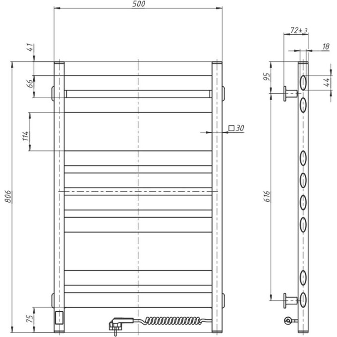 Электрический полотенцесушитель Navin Ellipse Sensor 12-245053-5080 (500x800, черный муар, правый, сенсорный, с таймером), Доступные размеры: 500 x 800, Цвет производителя: черный муар, Подключение полотенцесушителя: правое, фото 5