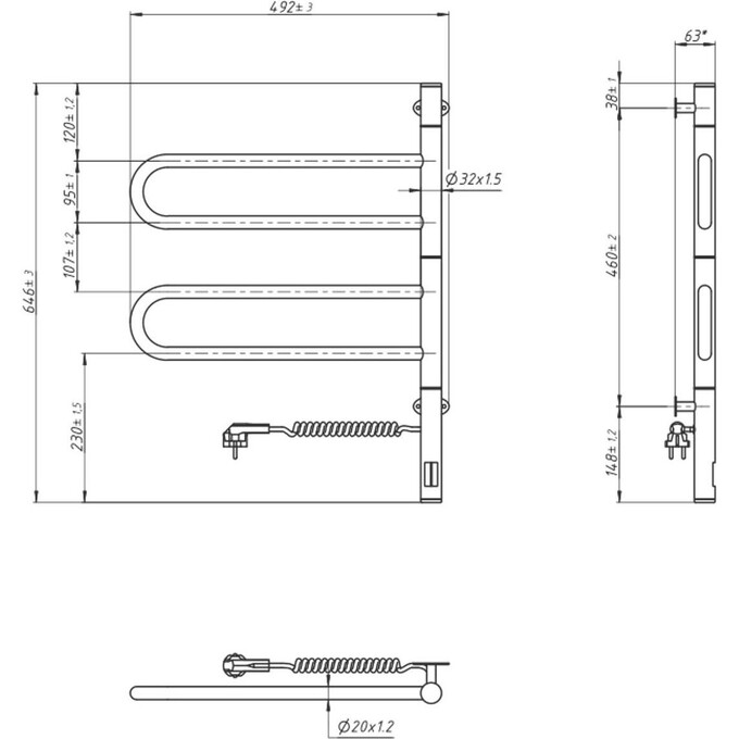 Электрический полотенцесушитель Navin Fouette Sensor 12-212033-4860 (480x600, черный муар, сенсорный, с таймером), Доступные размеры: 480 x 600, Цвет производителя: черный муар, Подключение полотенцесушителя: универсальное, фото 3
