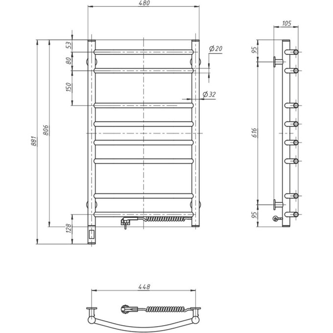 Электрический полотенцесушитель Navin Камелия Sensor 12-207033-4880 (480x800, черный муар, правый, сенсорный, с таймером), Доступные размеры: 480 x 800, Цвет производителя: черный муар, Подключение полотенцесушителя: правое, фото 6