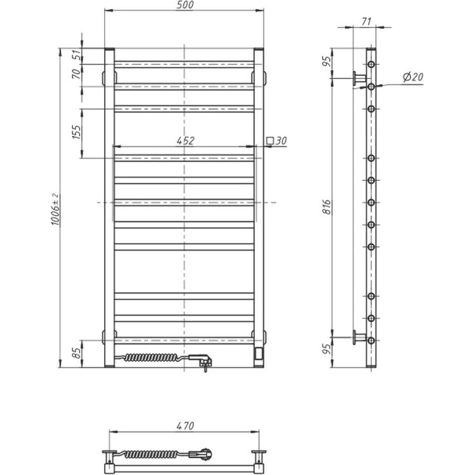 Электрический полотенцесушитель Navin Классик Квадро Sensor 12-216153-5010 (500x1000, черный муар, левый, сенсорный, с таймером), Доступные размеры: 500 x 1000, Цвет производителя: черный муар, Подключение полотенцесушителя: левое, фото 9