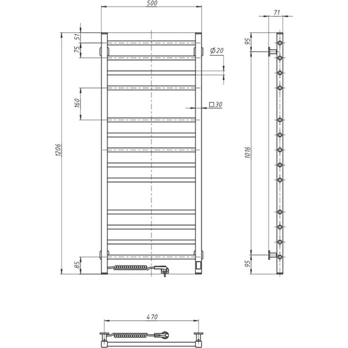 Электрический полотенцесушитель Navin Классик Квадро Sensor 12-216153-5012 (500x1200, черный муар, левый, сенсорный, с таймером), Доступные размеры: 500 x 1200, Цвет производителя: черный муар, Подключение полотенцесушителя: левое, фото 8