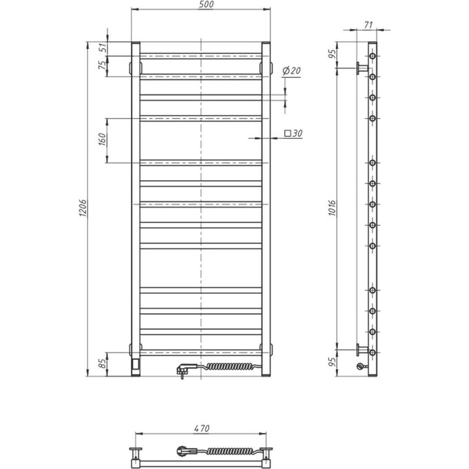 Электрический полотенцесушитель Navin Классик Квадро Sensor 12-216053-5012 (500x1200, черный муар, правый, сенсорный, с таймером), Доступные размеры: 500 x 1200, Цвет производителя: черный муар, Подключение полотенцесушителя: правое, фото 8