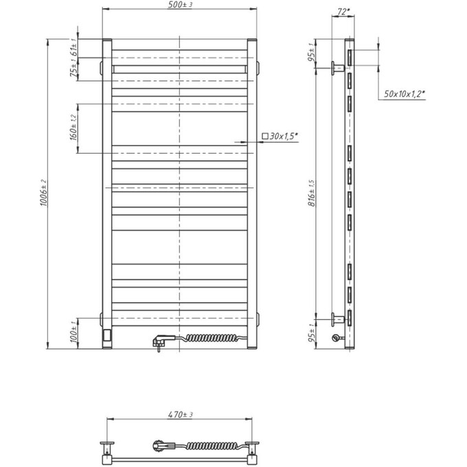 Електрична рушникосушарка Navin Largo Sensor 12-244053-5010 (500x1000, чорний муар, права, сенсорний, з таймером), Доступні розміри: 500 x 1000, Колір виробника: чорний муар, Підключення рушникосушарки: праве, фото , изображение 6