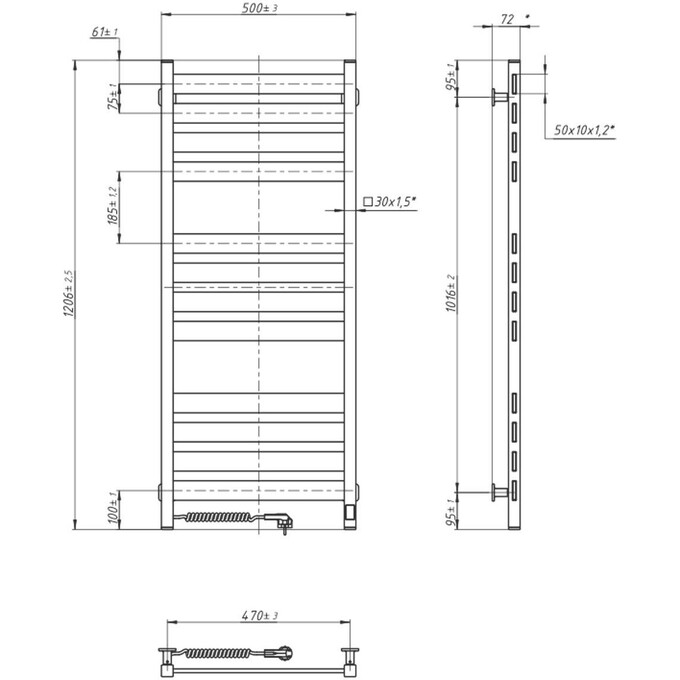 Електрична рушникосушарка Navin Largo Sensor 12-244153-5012 (500x1200, чорний муар, ліва, сенсорний, з таймером), Доступні розміри: 500 x 1200, Колір виробника: чорний муар, Підключення рушникосушарки: ліве, фото , изображение 6