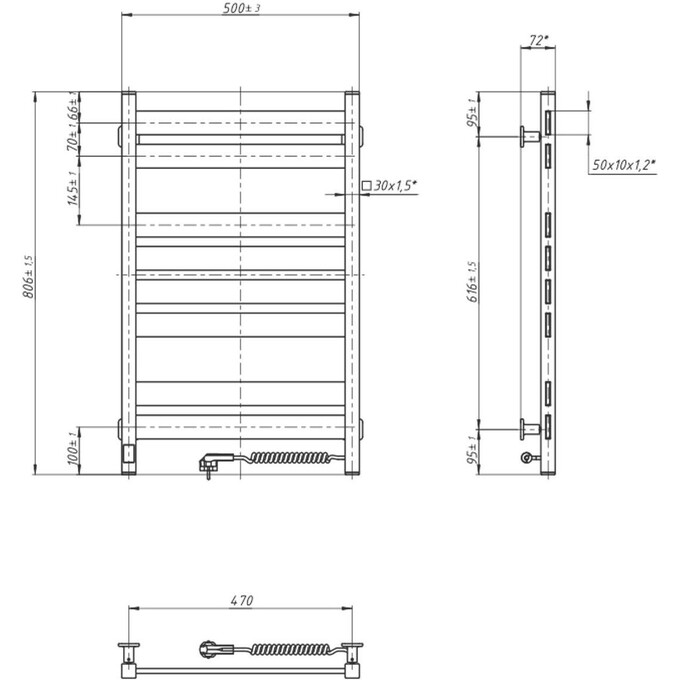 Електрична рушникосушарка Navin Largo Sensor 12-244053-5080 (500x800, чорний муар, права, сенсорний, з таймером), Доступні розміри: 500 x 800, Колір виробника: чорний муар, Підключення рушникосушарки: праве, фото , изображение 6