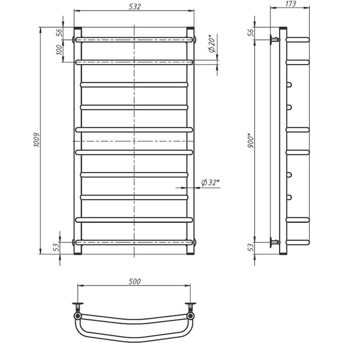Водяна рушникосушарка Navin Омега 00-015020-5010 (500x1000), Доступні розміри: 500 x 1000, Колір виробника: хром, Підключення рушникосушарки: нижнє, фото , изображение 5