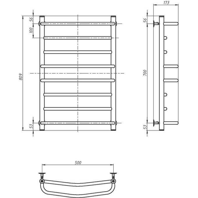 Водяной полотенцесушитель Navin Омега 00-015020-5080 (500x800), Доступные размеры: 500 x 800, Цвет производителя: хром, Подключение полотенцесушителя: нижнее, фото 5