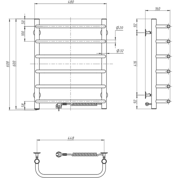 Электрический полотенцесушитель Navin Симфония 10-009020-4860 (480x800, правый), Доступные размеры: 480 x 600, Цвет производителя: хром, Подключение полотенцесушителя: правое, фото 6