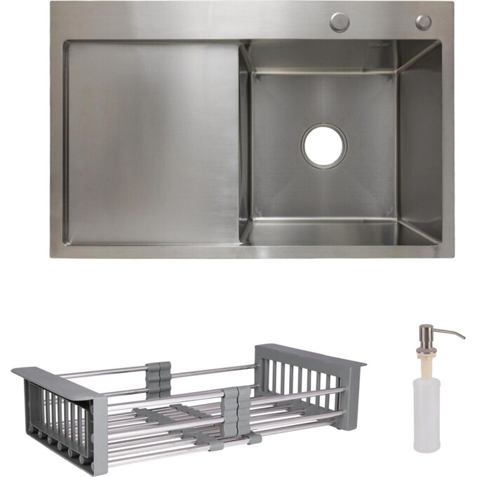 Мийка для кухні Lidz Handmade H7849L Brushed Steel LDH7849BRUL4559247523 (78x49 см, брашована сталь, 3.0/1.0 мм, з кошиком, сифоном та дозатором), Доступні розміри: 78 x 49 L, Колір виробника: брашована нержавіюча сталь, Тип поверхні: brash (брашированная, матовая), фото 